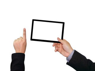 Businessman holding blank touch screen device