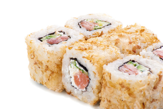 Grilled Salmon Skin Sushi with Cucumber and cheese