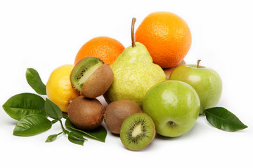 Fresh fruits and vegetables isolated on a white background.