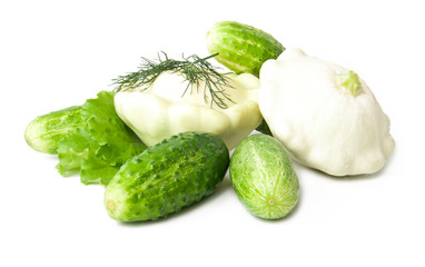 Raw ripe cucumber and squash on a white background 