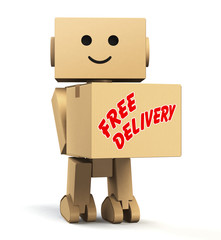 cardboard robot carrying a box with "free delivery" text