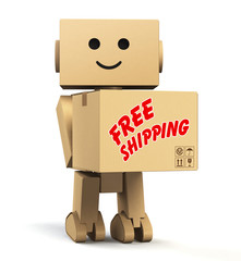 cardboard robot carrying a box with "free shipping" text