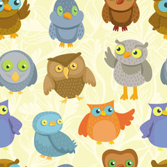 Vector seamless pattern with cute bright owls