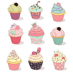 illustration of isolated set of cupcake on white