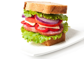 Healthy ham sandwich with cheese, tomatoes and lettuce