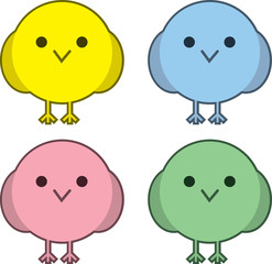A few round birds in different colors