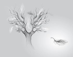 Autumn of life: Tree with falling feathers / Surreal sketch