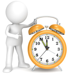 Five to Twelve. 3D little human character pointing at a Clock.