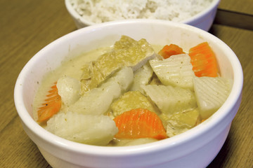 Thai Yellow Tofu Curry with Rice Closeup