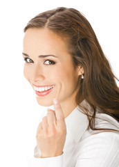 Businesswoman with follow me gesure, isolated