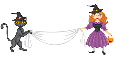 Witch and cat with banner