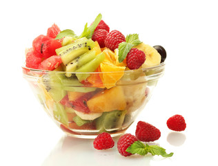 fresh fruits salad in bowl  and berries, isolated on white