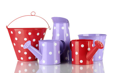 Purple and red watering cans and buckets with white polka-dot