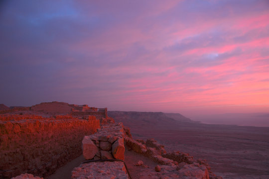 Masada fortress and Dead sea sunrise in Israel judean desert