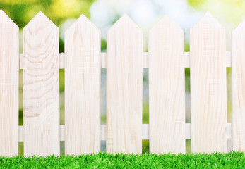 wooden fence and green grass on bright background.