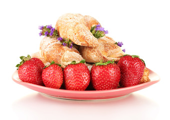 Fresh bagels with strawberry isolated on white