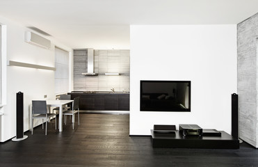 Naklejka na ściany i meble Modern minimalism style kitchen and drawing room interior