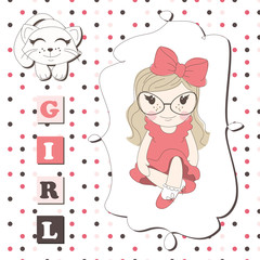 Girl greeting card with a cute girl and white kitten