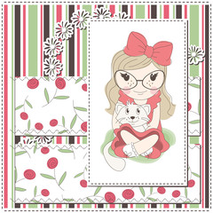 Girl greeting card with a cute girl and white kitten