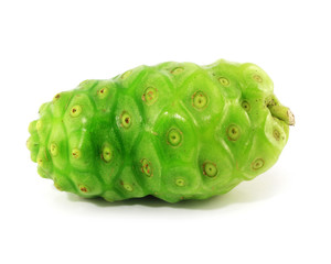 Noni fruits in basket on white background