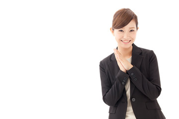 a young businesswoman smiling on white background