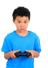 Boy in Blue T-Shirt Playing Game Holding a Controller