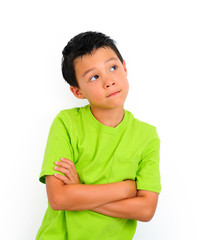 Boy Standing Arm Cross Facial Expression on White Backgroun