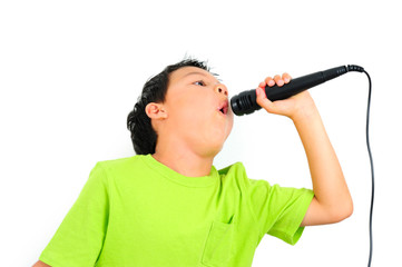 Boy Happy Singing with Microphone on White Background