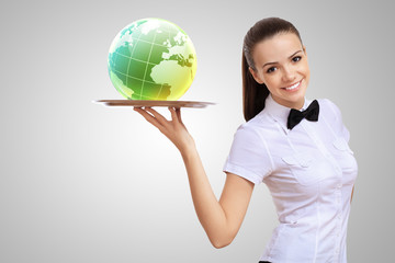 Waitress with a tray with green symbol on it