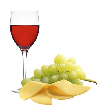 glasse of wine, cheese and ripe grapes isolated on white