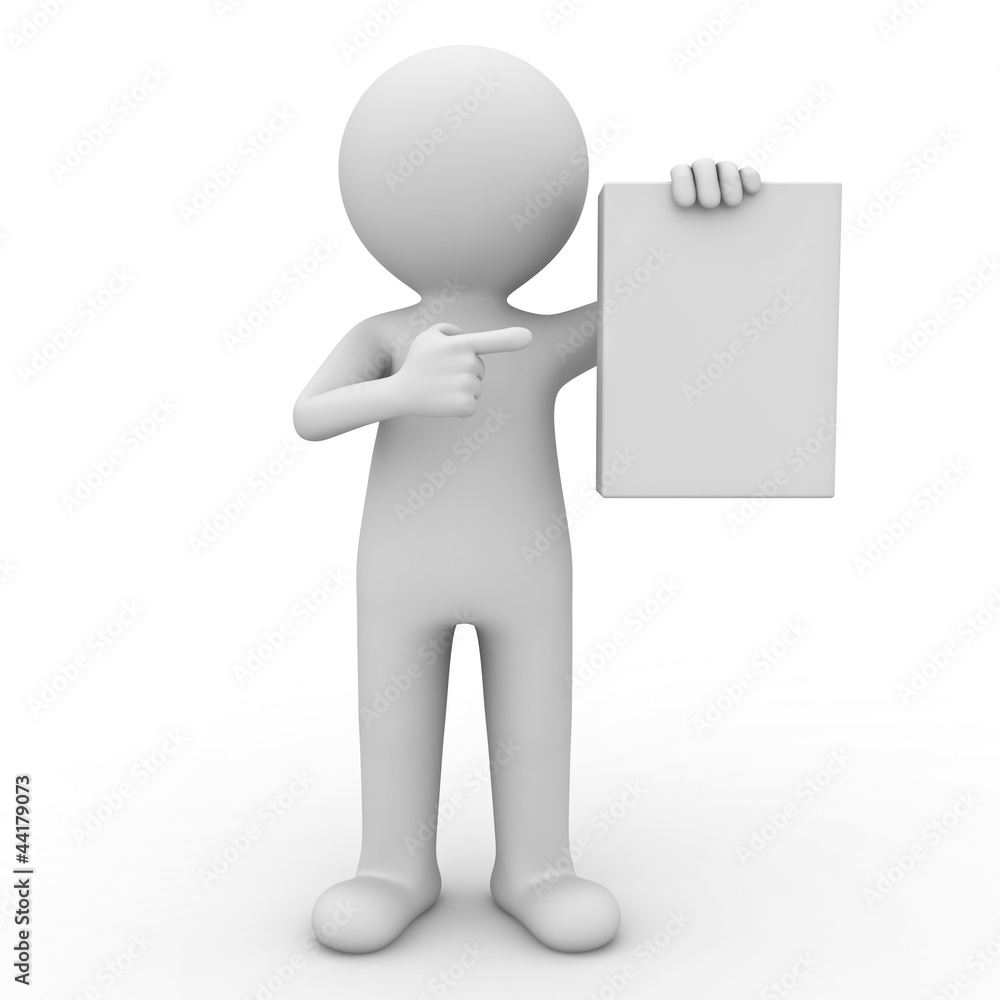 Aufkleber 3d man showing blank box and pointing finger at it over white