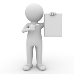 3d man showing blank box and pointing finger at it over white