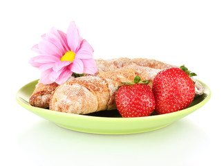 Fresh bagels with strawberry isolated on white