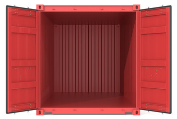 Open Container. Red Cargo Container. Open Doors. Front view.