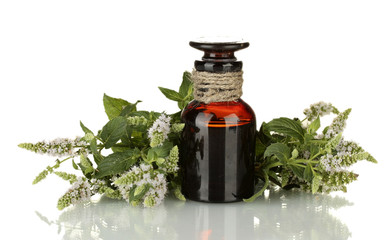 Essential oil and mint isolated on white