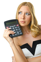 Woman accountant with calculator on white