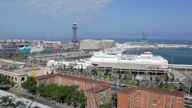 Barcelona traffic timelapse, cableway, ships, cars