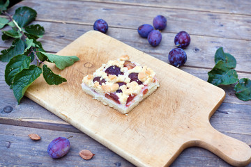 Fototapeta na wymiar Plum cake and fresh plums on wooden table