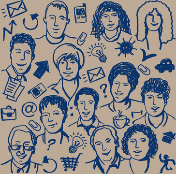 Doodles ink business icon and sketch of people seamless pattern