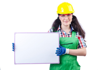 Woman builder with blank board