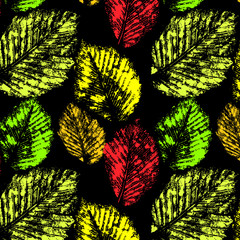 Colorful autumn leaves prints on black seamless pattern, vector