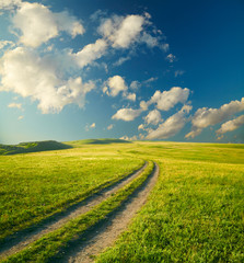 Summer landscape with green grass, road and clouds