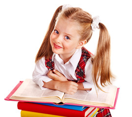 Child with stack book.