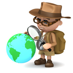 3d Adventurer studies the globe with a magnifier