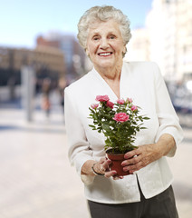 senior woman holding a flower pot against a street background