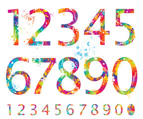 Font - Colorful numbers with drops and splashes from 0 to 9