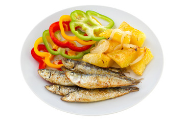 fried sardines with pepper and potato