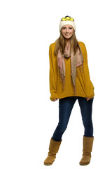 Woman in winter wear isolated on a white background