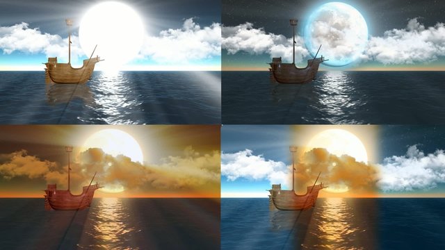 sailing ships over the sea at different times