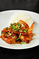 Deep fried prawns in Tamarind sauce with steam rice - Thai food